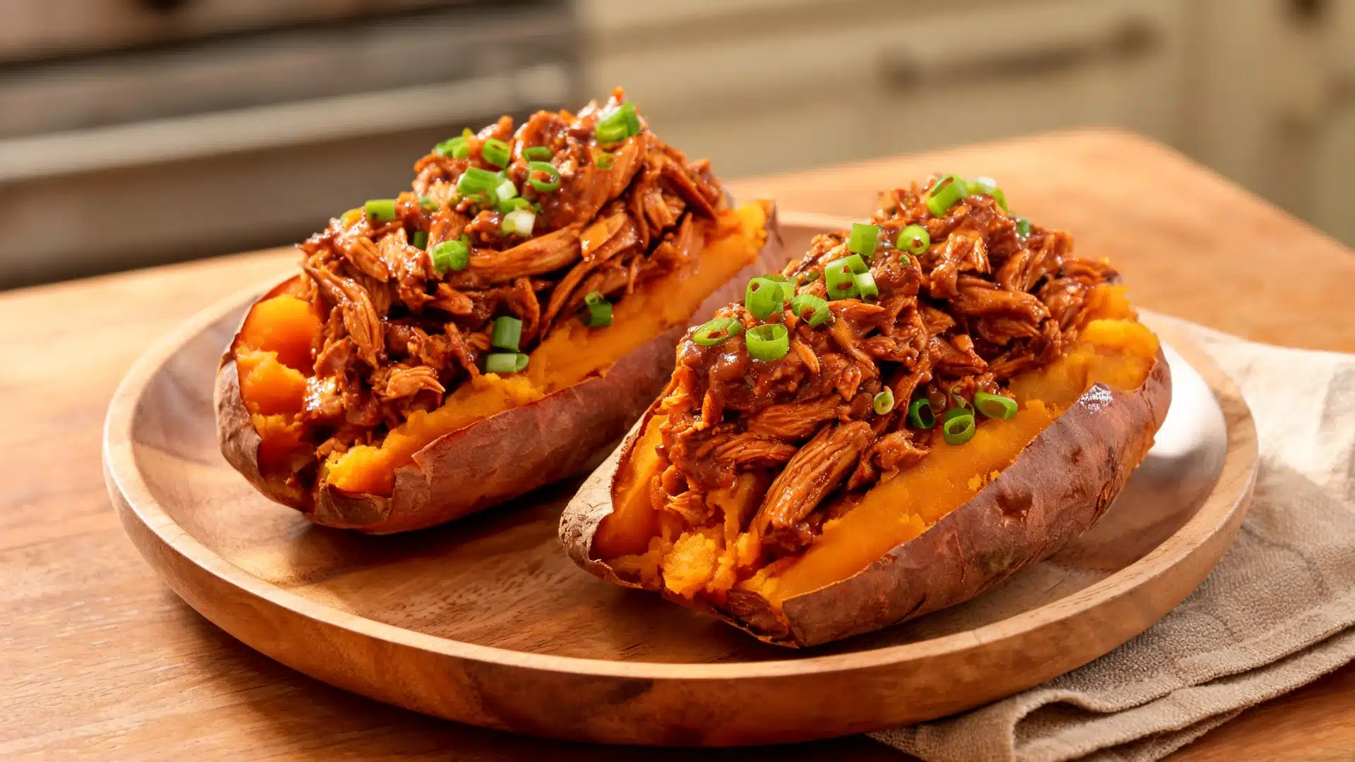 stuffed sweet potatoes topped with bbq chicken and chopped green onions served on wooden plate rustic kitchen setting