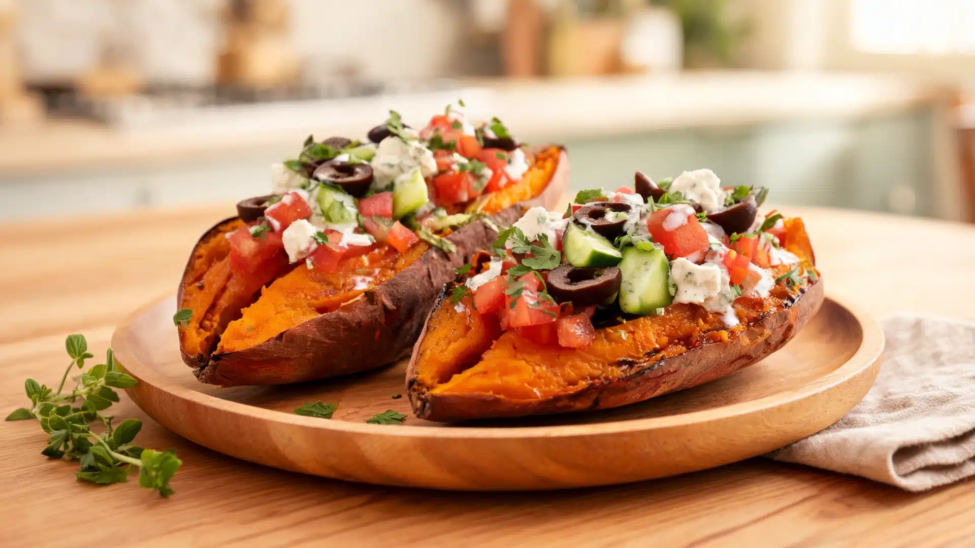 stuffed sweet potatoes topped with olives feta cucumber tomato herbs and creamy dressing served on wooden plate in kitchen setting