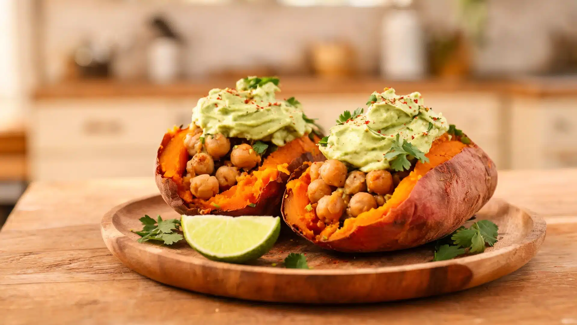 stuffed sweet potatoes with chickpeas and avocado crema topped with herbs and lime on wooden plate healthy meal