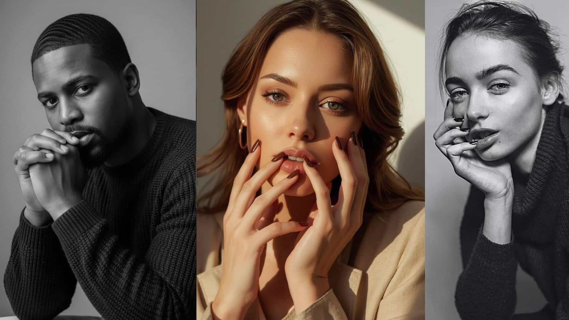 three close-up portraits of models posing with hands near face in a studio fashion shoot (2)