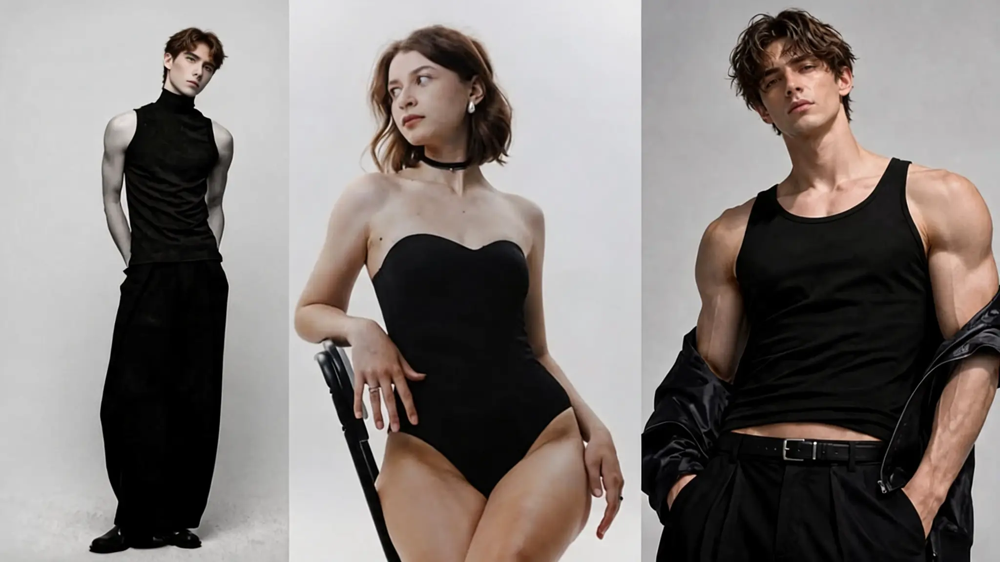 three models posing in black outfits in a studio fashion shoot