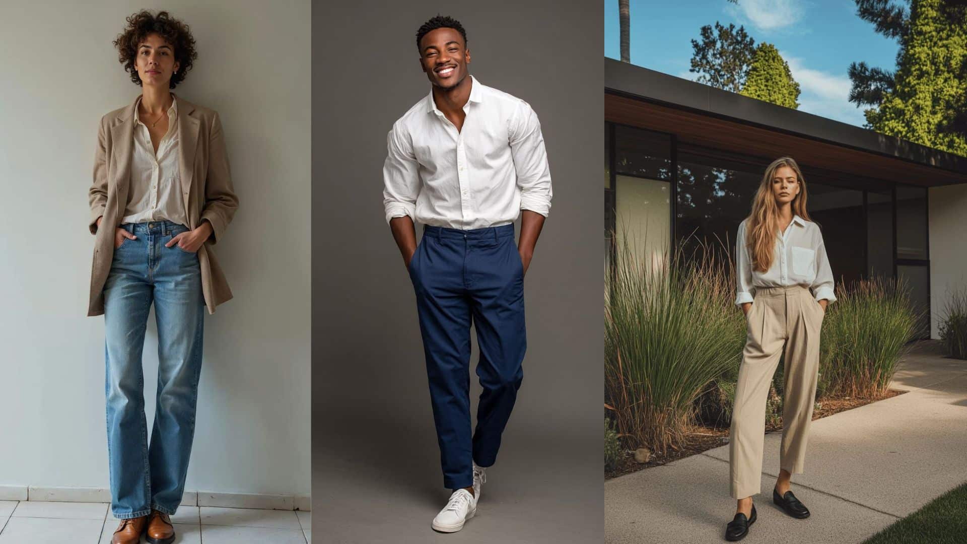 three models posing in casual fashion outfits
