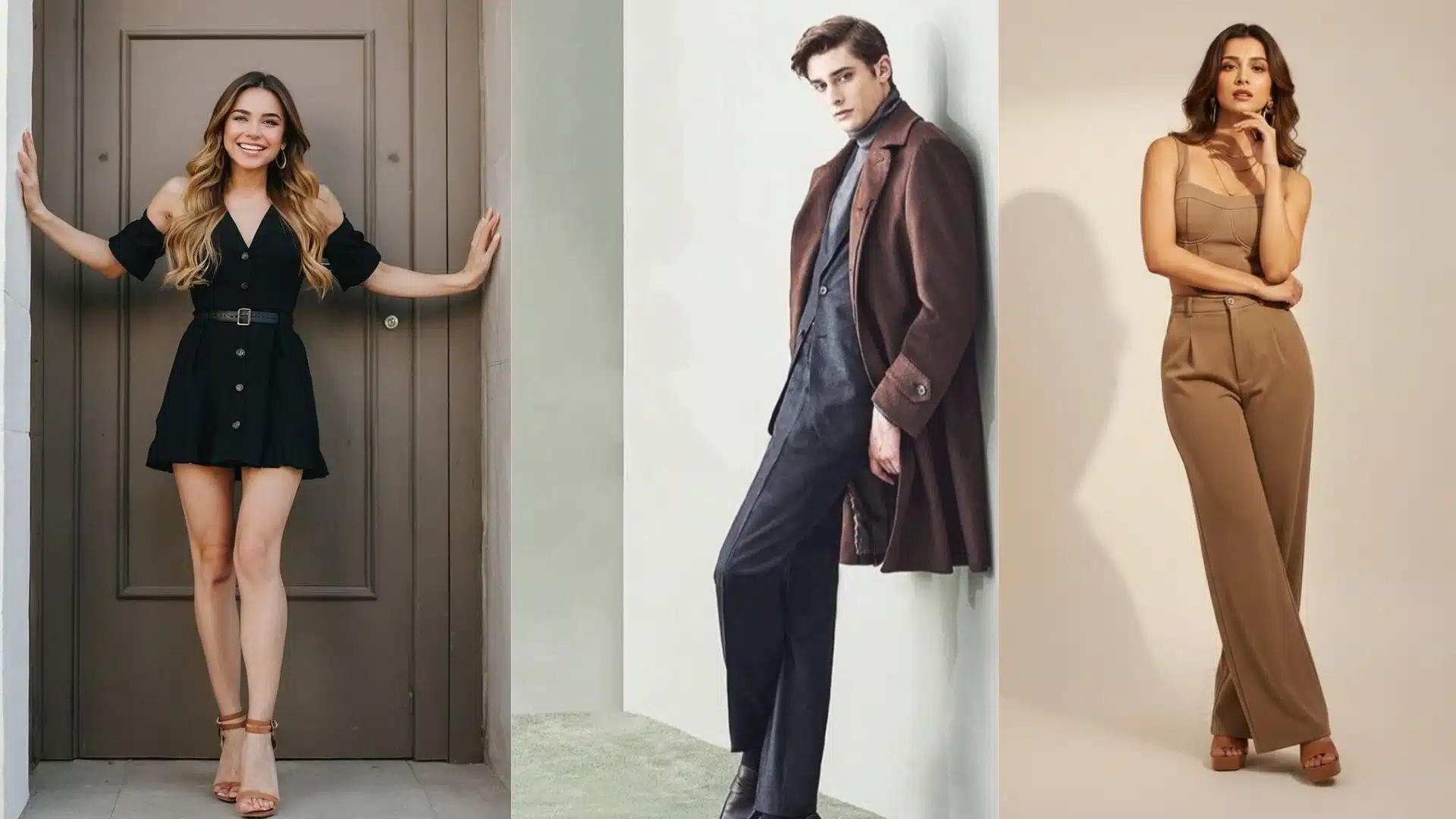 three models posing in stylish fashion outfits across studio backgrounds