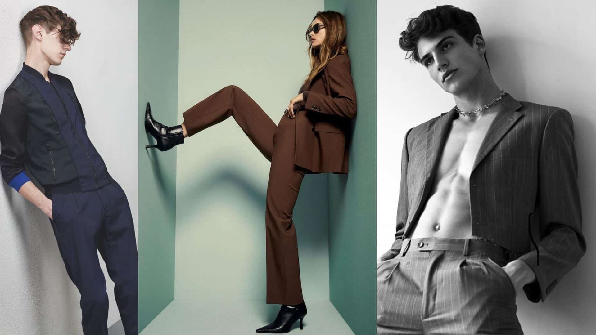 Three models posing in stylish outfits against studio walls, showcasing casual and formal fashion poses