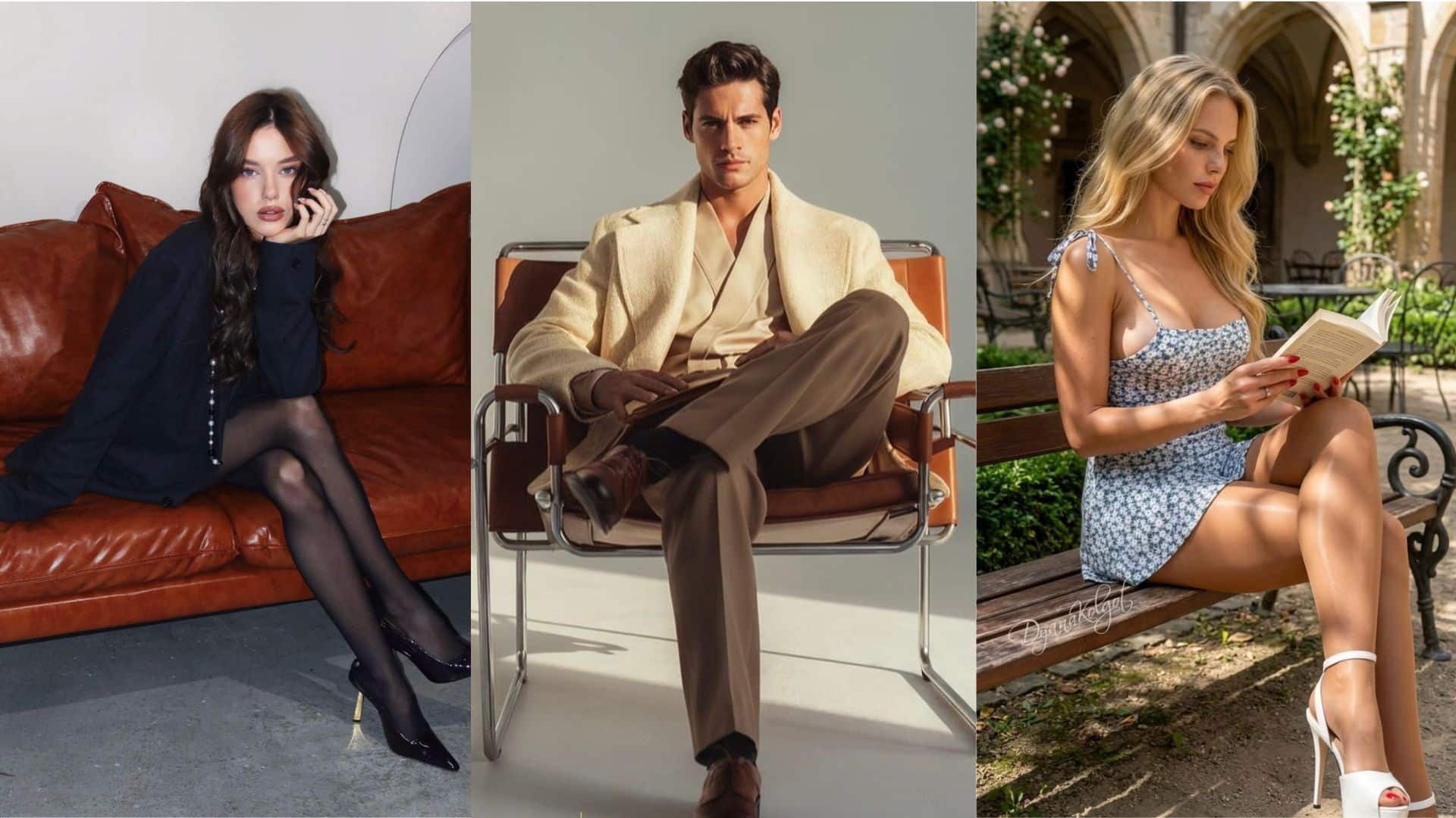three models seated in stylish outfits posing in indoor and outdoor setting