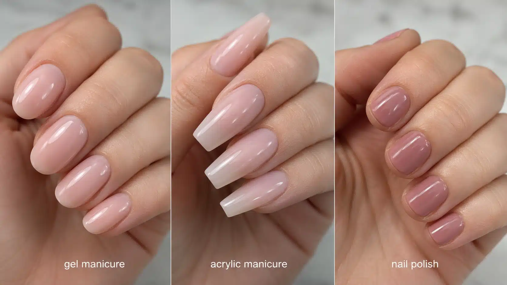 three split close up showing gel manicure acrylic manicure and nail polish on pink manicured nails hands panels