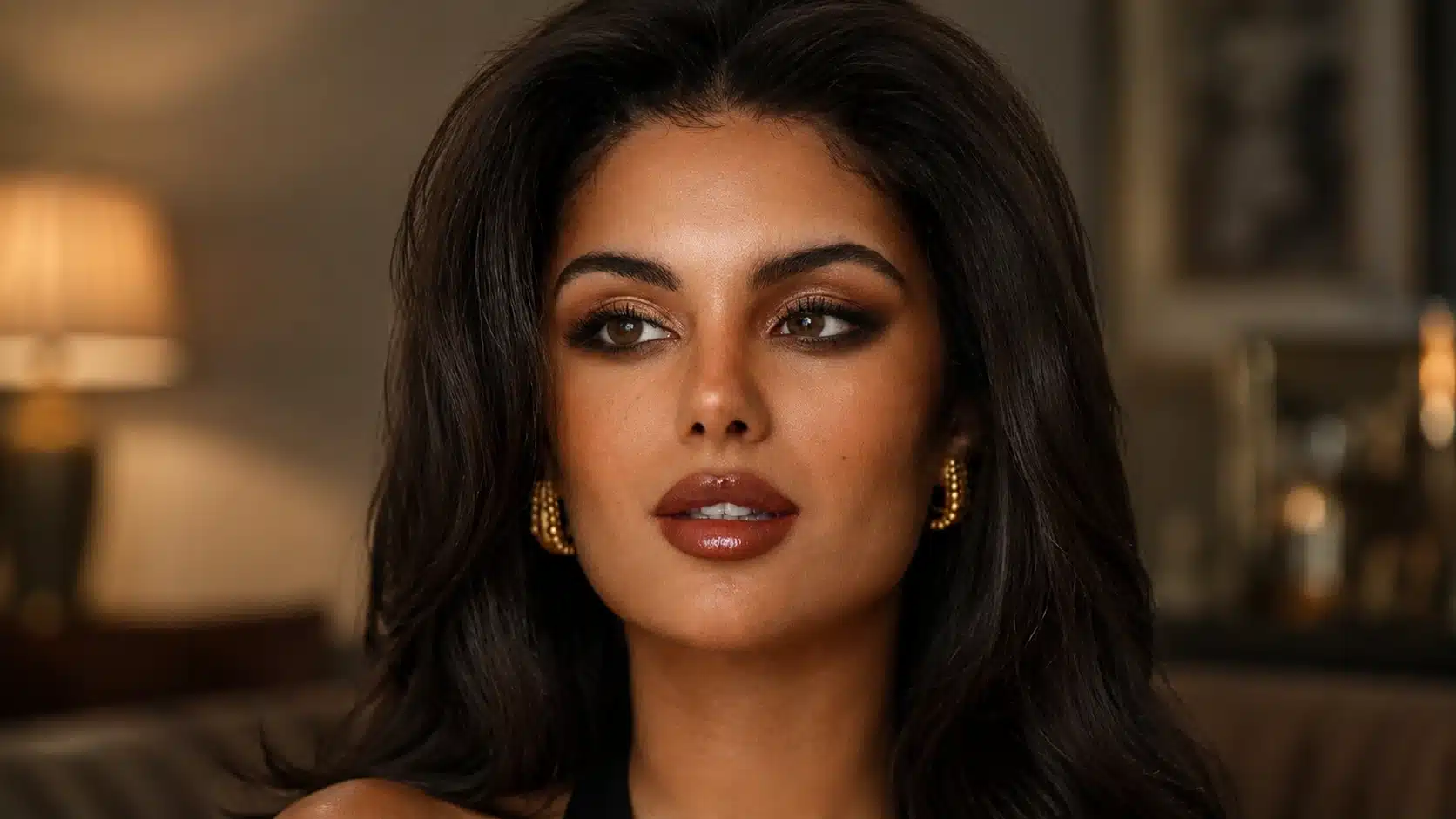 tiktok brown lip mob wife makeup with smoky eyes, gold earrings, and polished dark hair in warm lighting