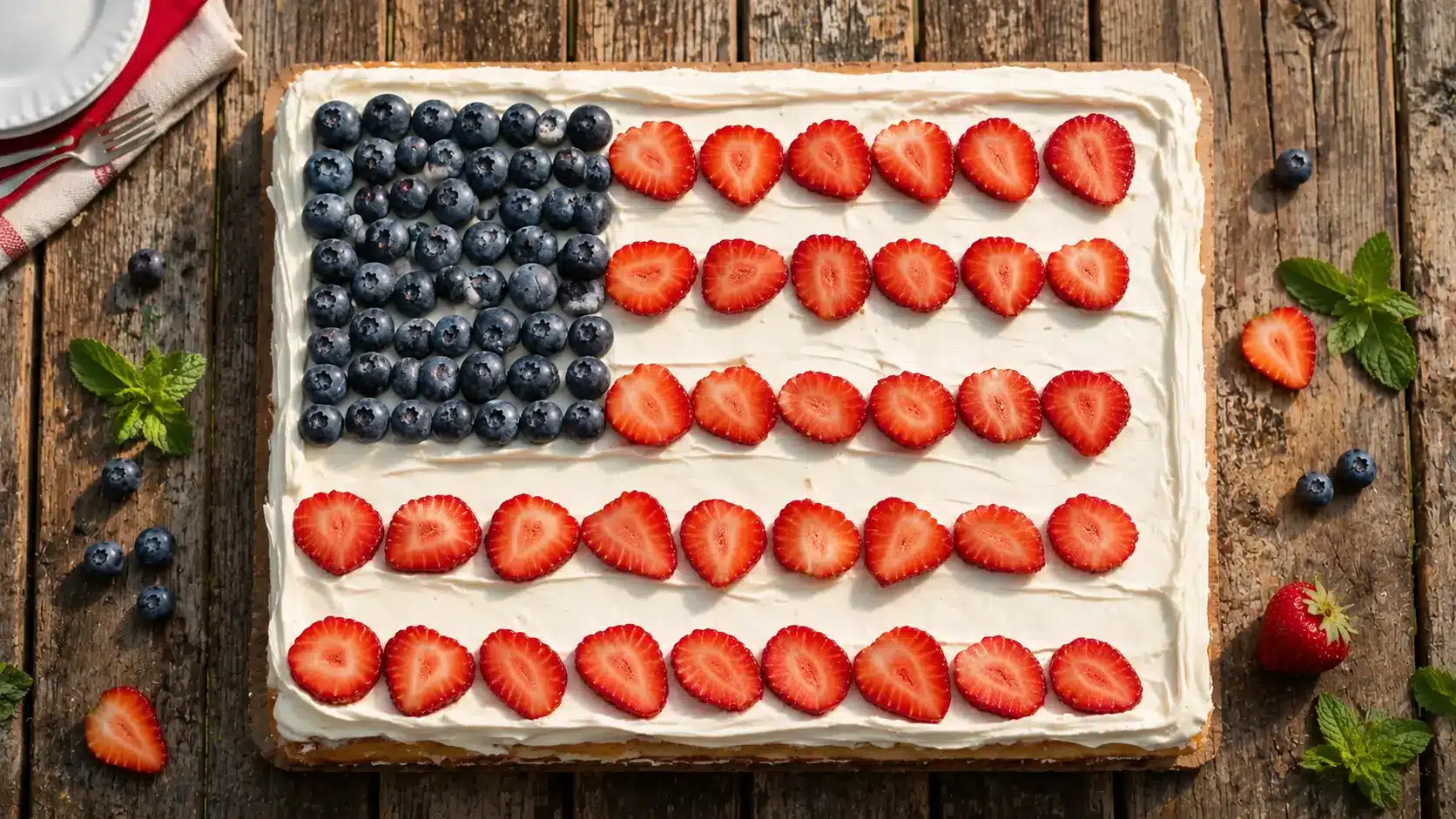 top down american flag cake with blueberries strawberries white frosting on rustic wooden picnic table with scattered berries