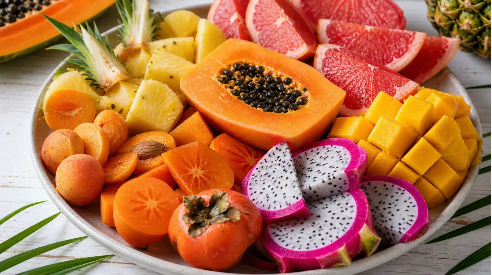 tropical fruits with fiber including persimmon dragon fruit mango papaya pineapple and grapefruit (1)