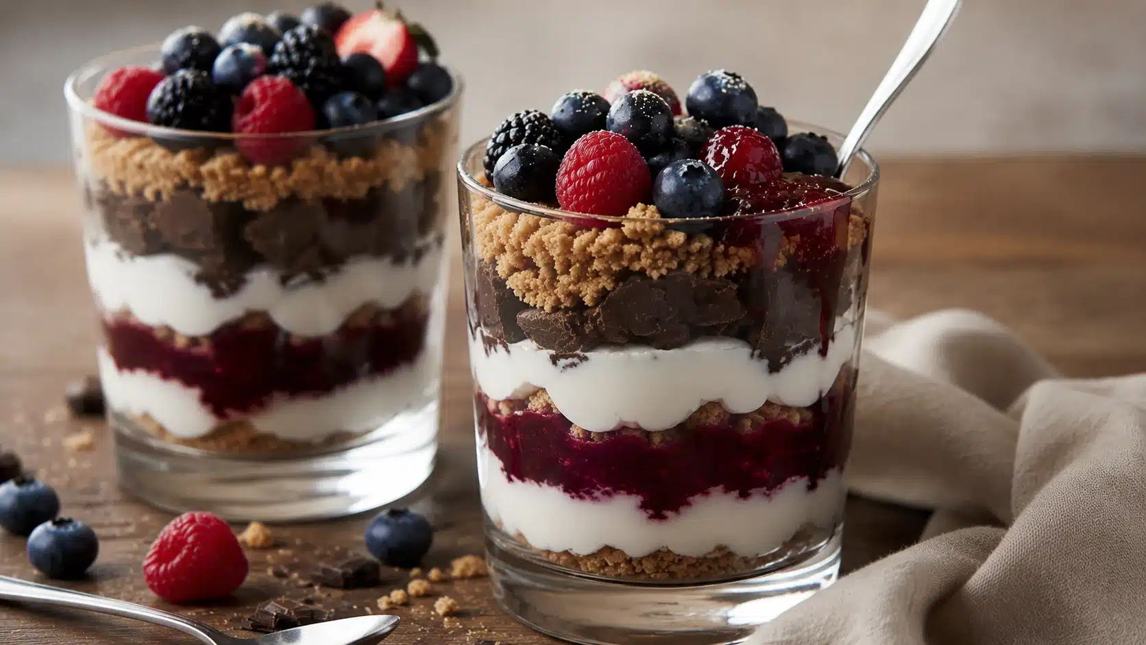Two berry parfait desserts in glass cups layered with cream, chocolate, crumbs, and fresh berries on a wooden table