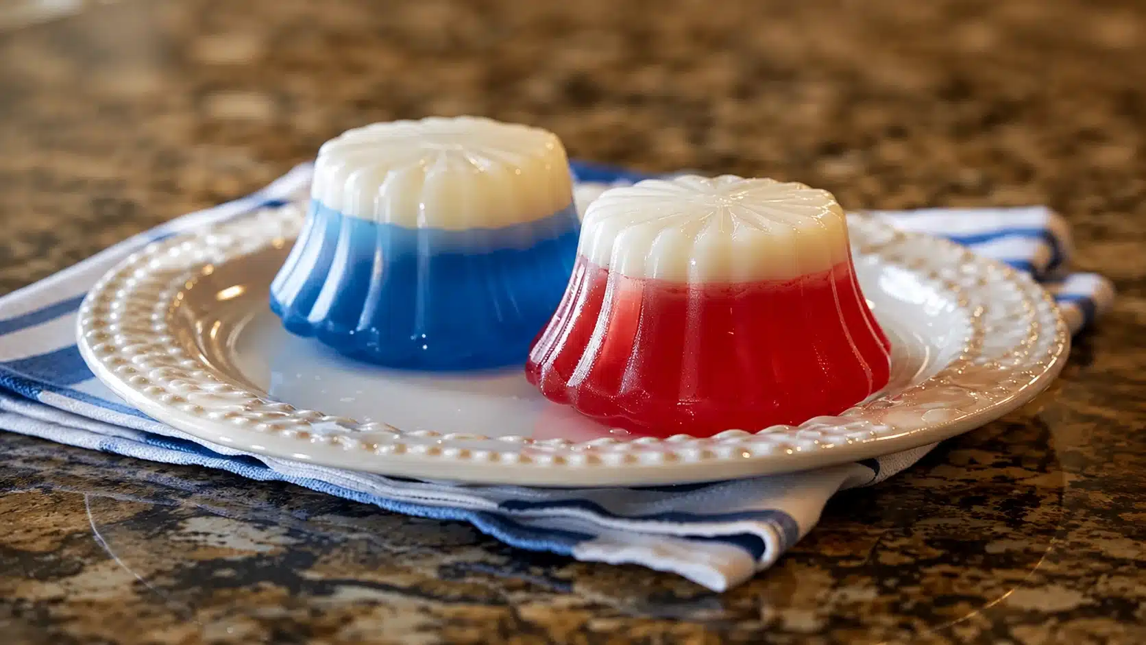 Two colorful layered gelatin desserts, one red and one blue, topped with a creamy white layer, served on a decorative plate in a kitchen setting