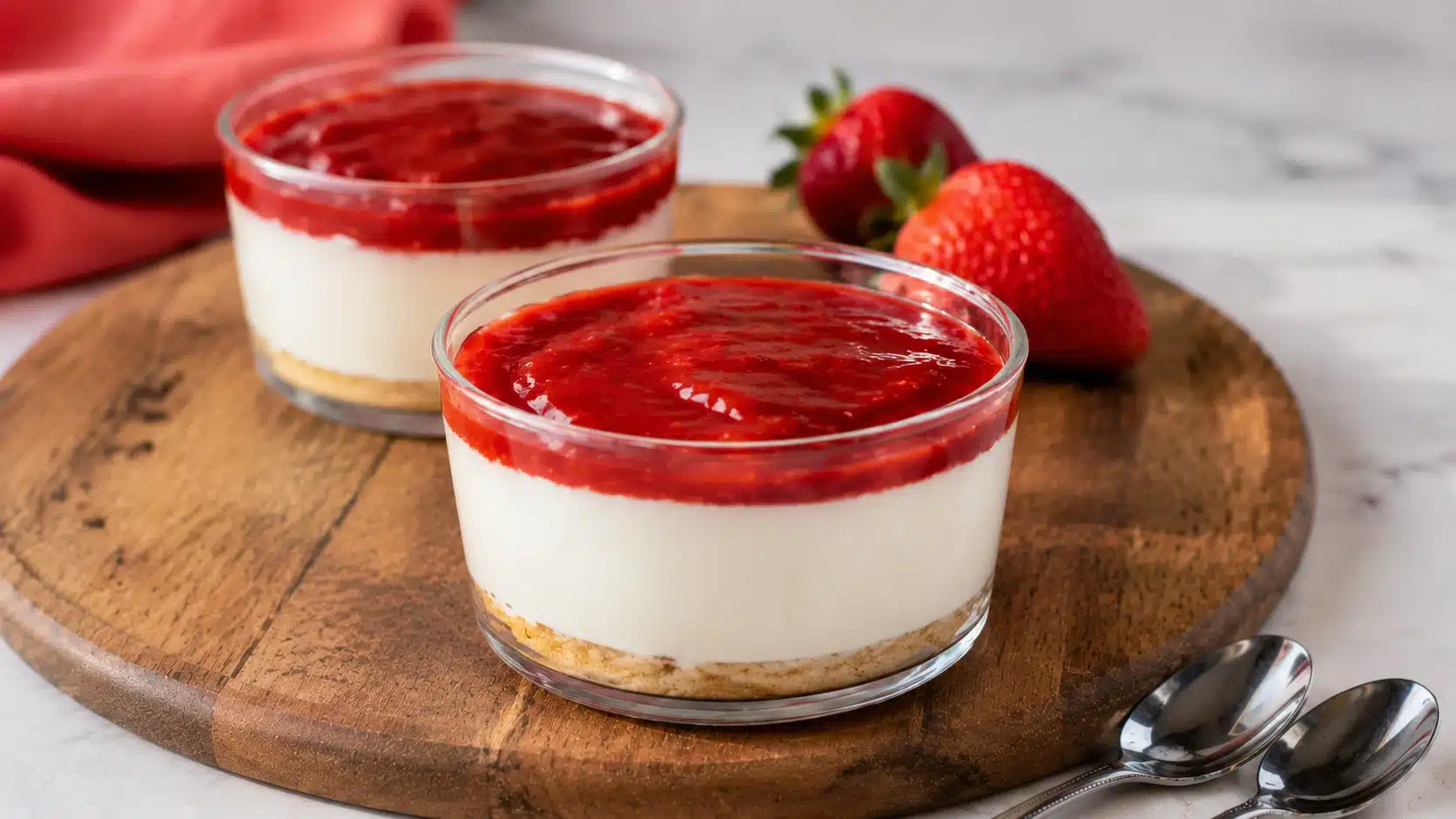 Two glass dessert cups filled with layered cheesecake and strawberry topping, placed on a wooden board with fresh strawberries in the background