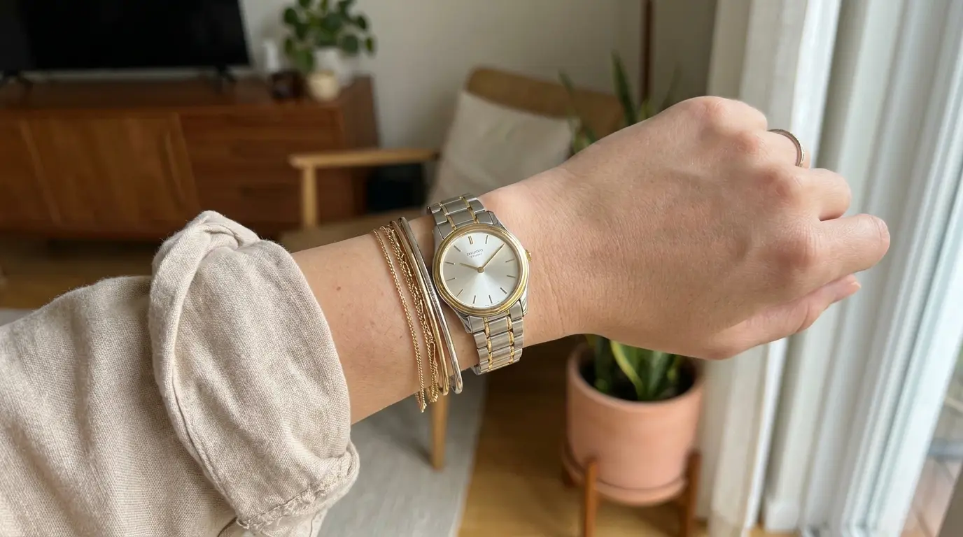 two tone watch worn with slim gold and silver jewelry on a neat everyday outfit look