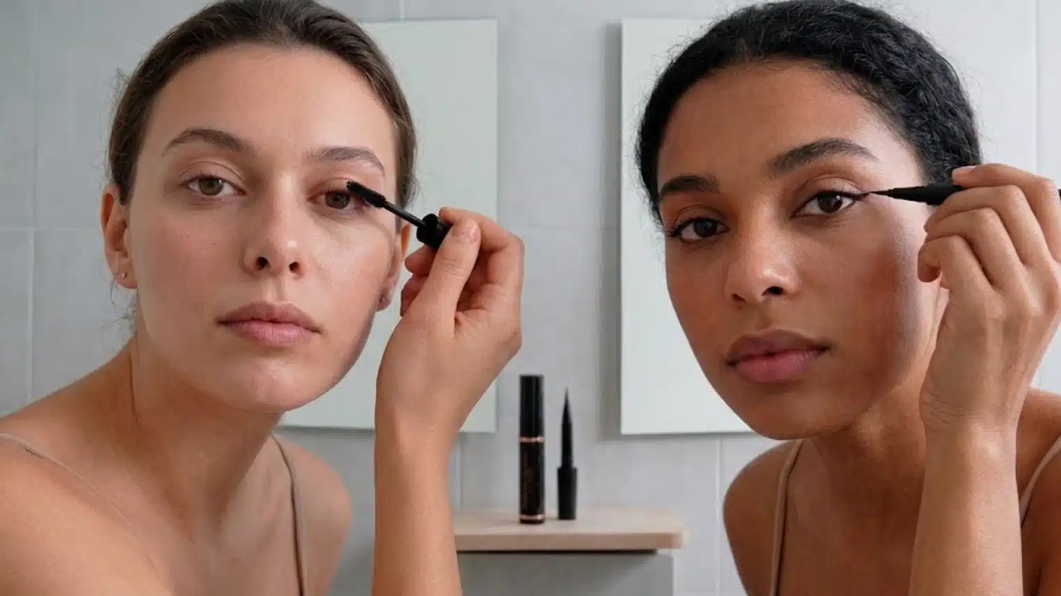 two women applying mascara and eyeliner in a bright bathroom with mirrors and makeup products on a small shelf nearby