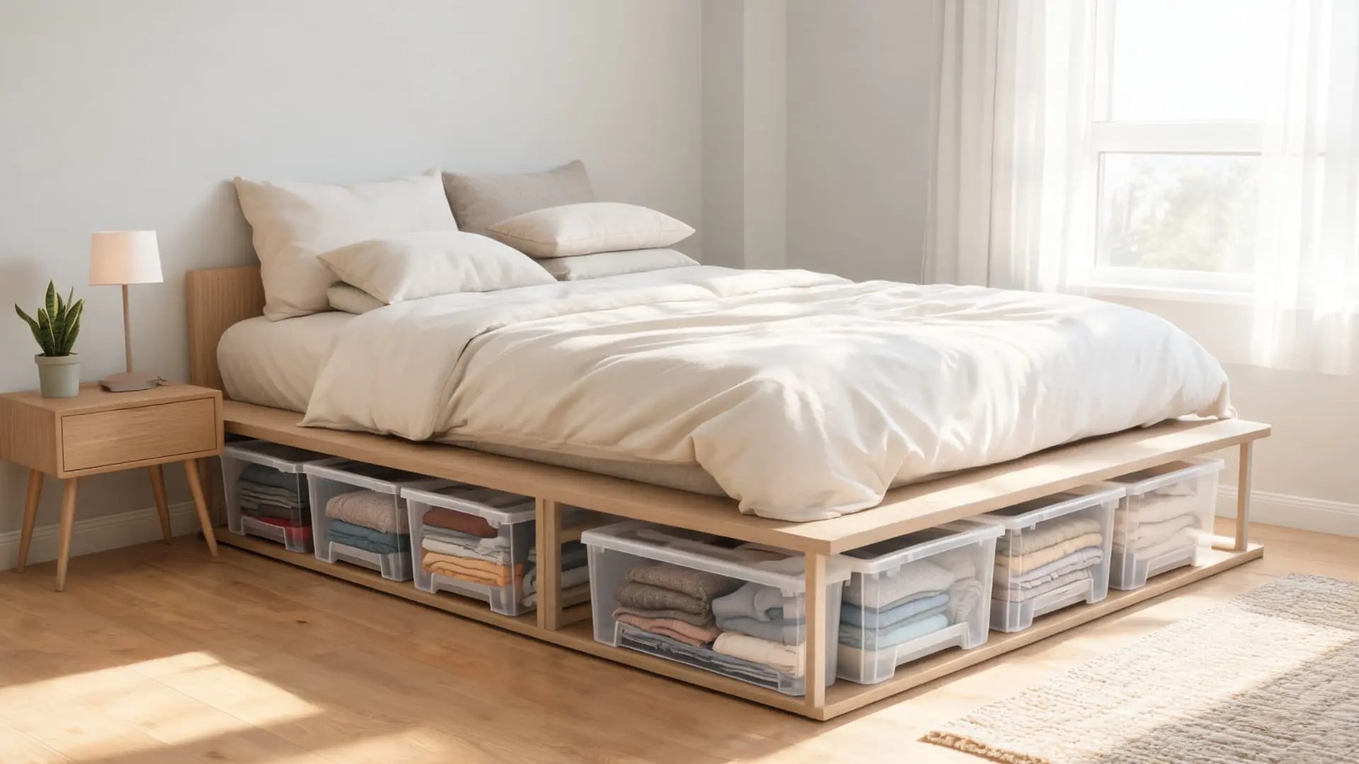 under bed storage with boxes neatly placed under a bed storing seasonal clothes and bedding in a clean modern bedroom