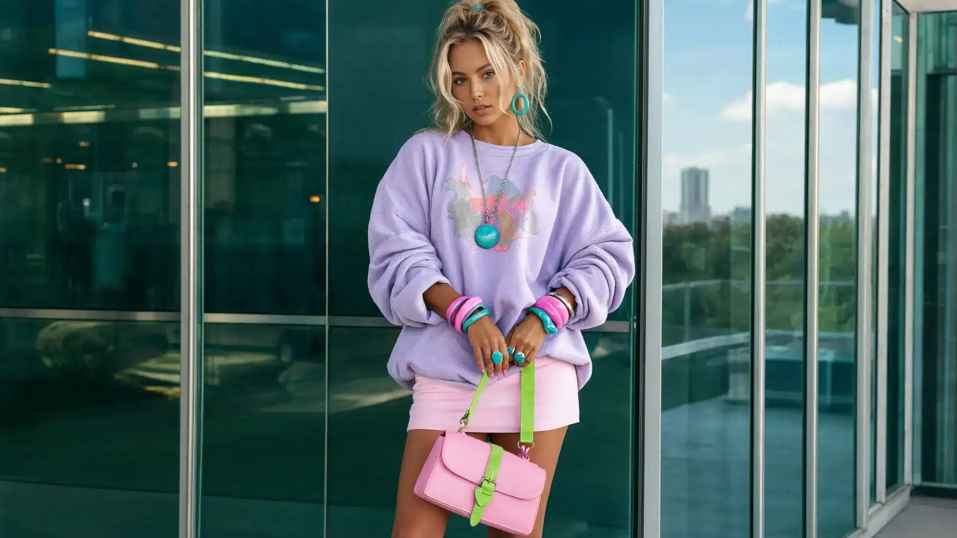 vaporwave aesthetic outfit with pastel clothing, neon effects, and retro digital glitch-style background