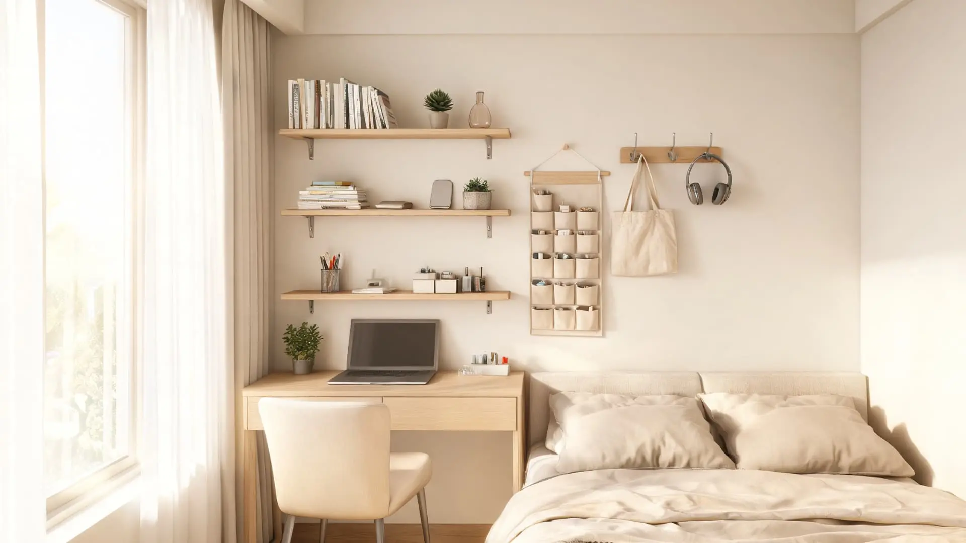 vertical wall storage with shelves and hooks holding books and decor in a small organized bedroom with natural light