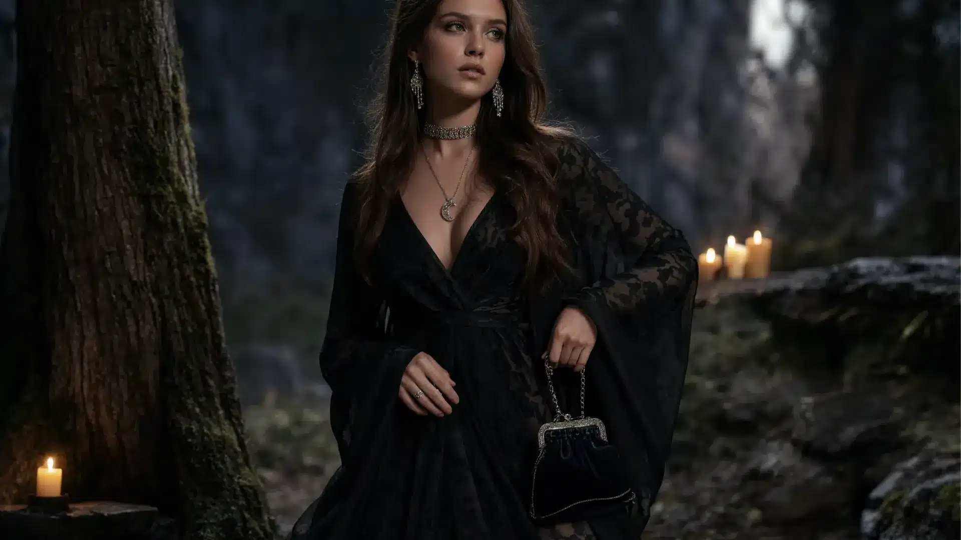 witchcore aesthetic outfit with dark flowing dress, crystal jewelry, tarot elements, and forest night vibe