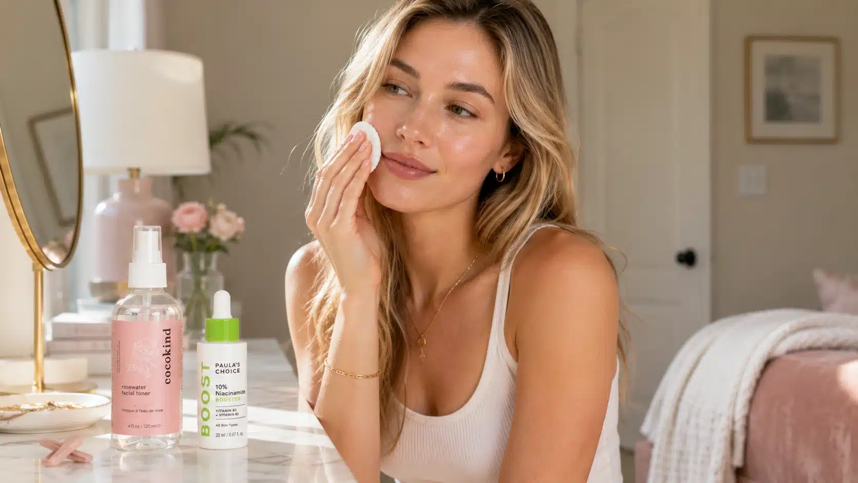 woman applies toner beside cocokind rosewater toner and paula’s choice niacinamide serum in a soft pastel bedroom vanity