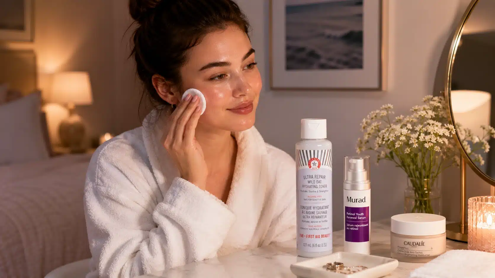 woman applies toner beside first aid beauty toner and murad retinol serum in a warm bedroom vanity skincare scene