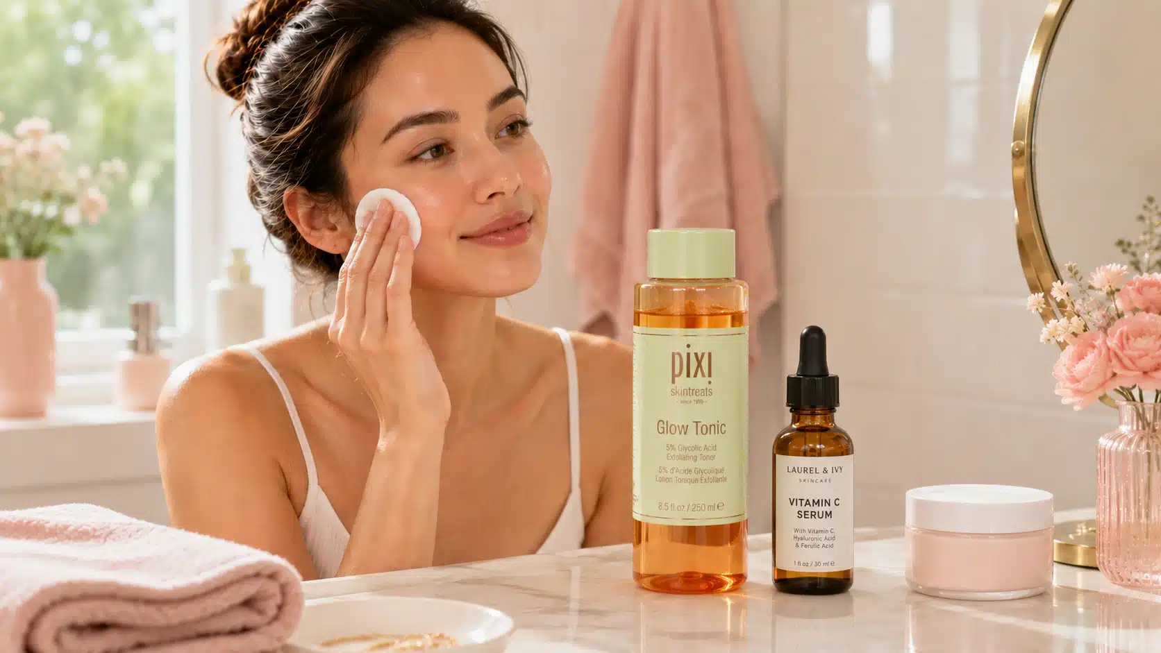 woman applies toner with cotton pad beside pixi glow tonic, vitamin c serum, pink cream jar, flowers, mirror, and vanity]