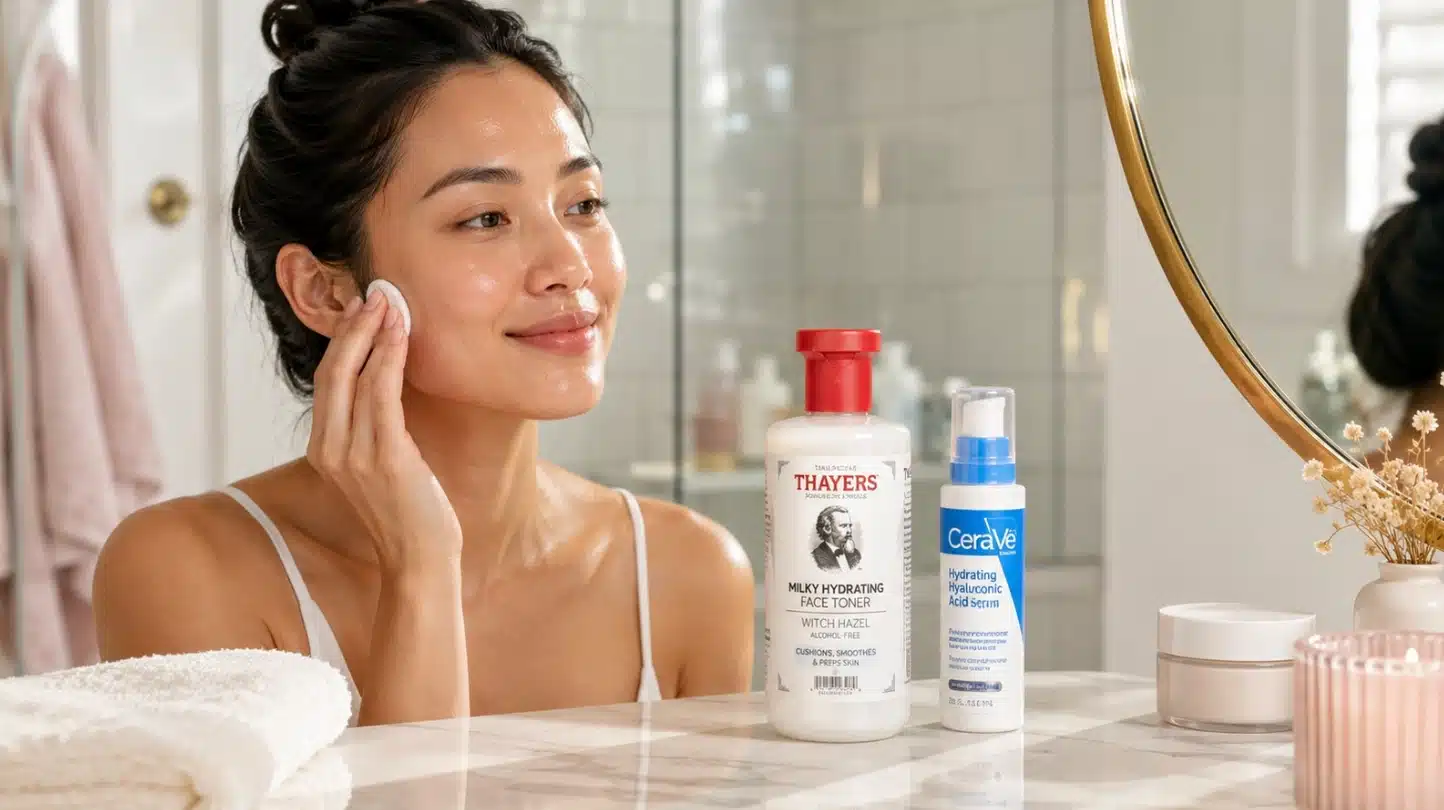 woman applies toner with cotton pad in bright bathroom beside skincare bottles, towel, cream jar, candle, and flowers