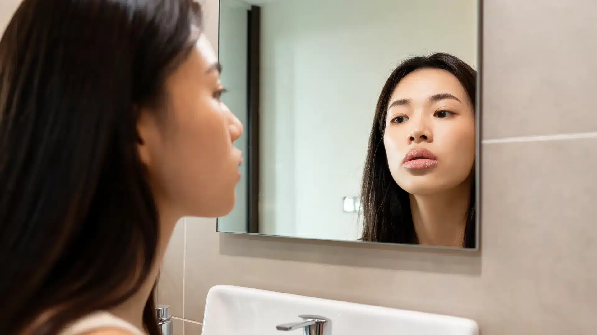woman checking chapped lips in a bathroom mirror with realistic dry cracked lip texture and soft light