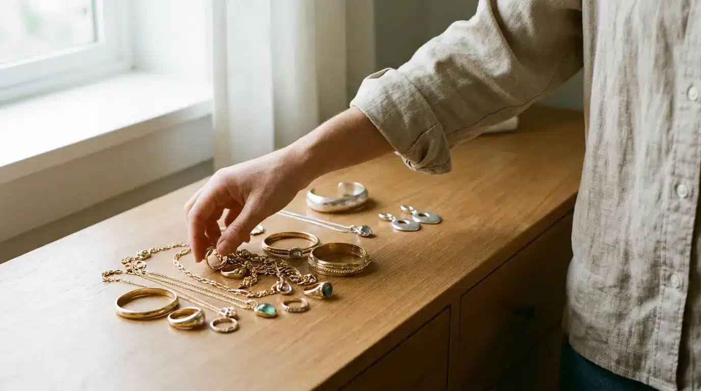 woman choosing between gold and silver jewelry on a dresser with one metal placed in front