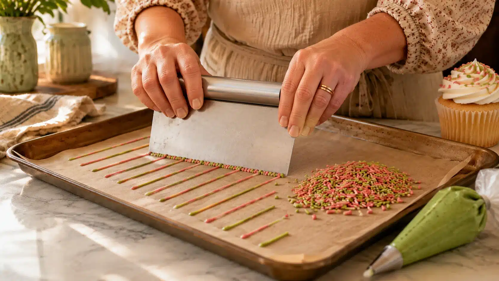 woman cuts dried pink and green icing lines with a bench scraper, gathering homemade sprinkles beside a frosted cupcake