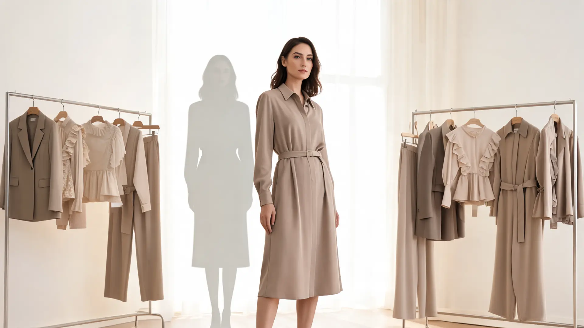 woman in belted shirt dress with straight rectangle body silhouette and subtle glowing outline showing balanced shoulders waist and hips