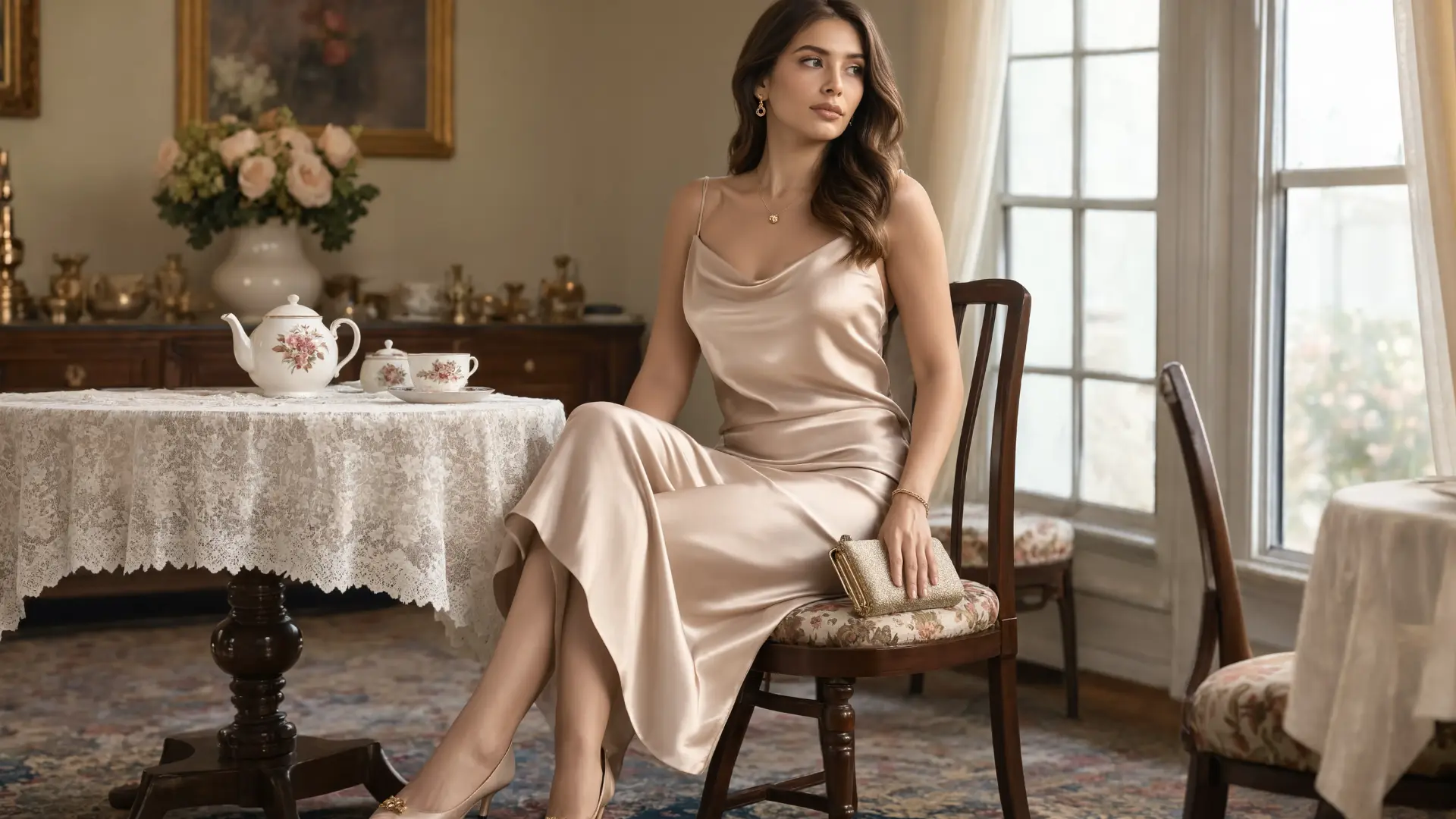 woman in champagne satin slip midi dress inside softly lit tea room with natural window light