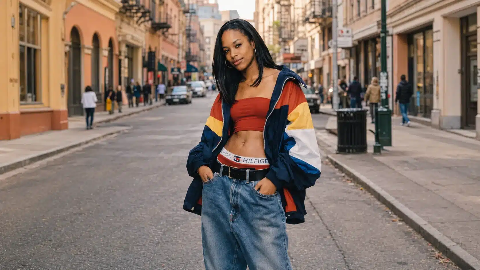 woman in colorblock jacket red crop top and baggy jeans poses on city street in sporty y2k style outfit look