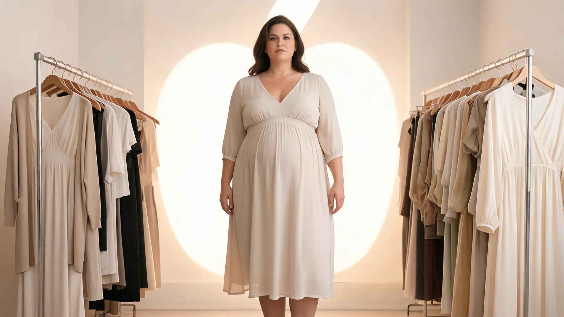 woman in empire waist v neck dress with apple body silhouette and soft background glow highlighting fuller midsection and vertical flow