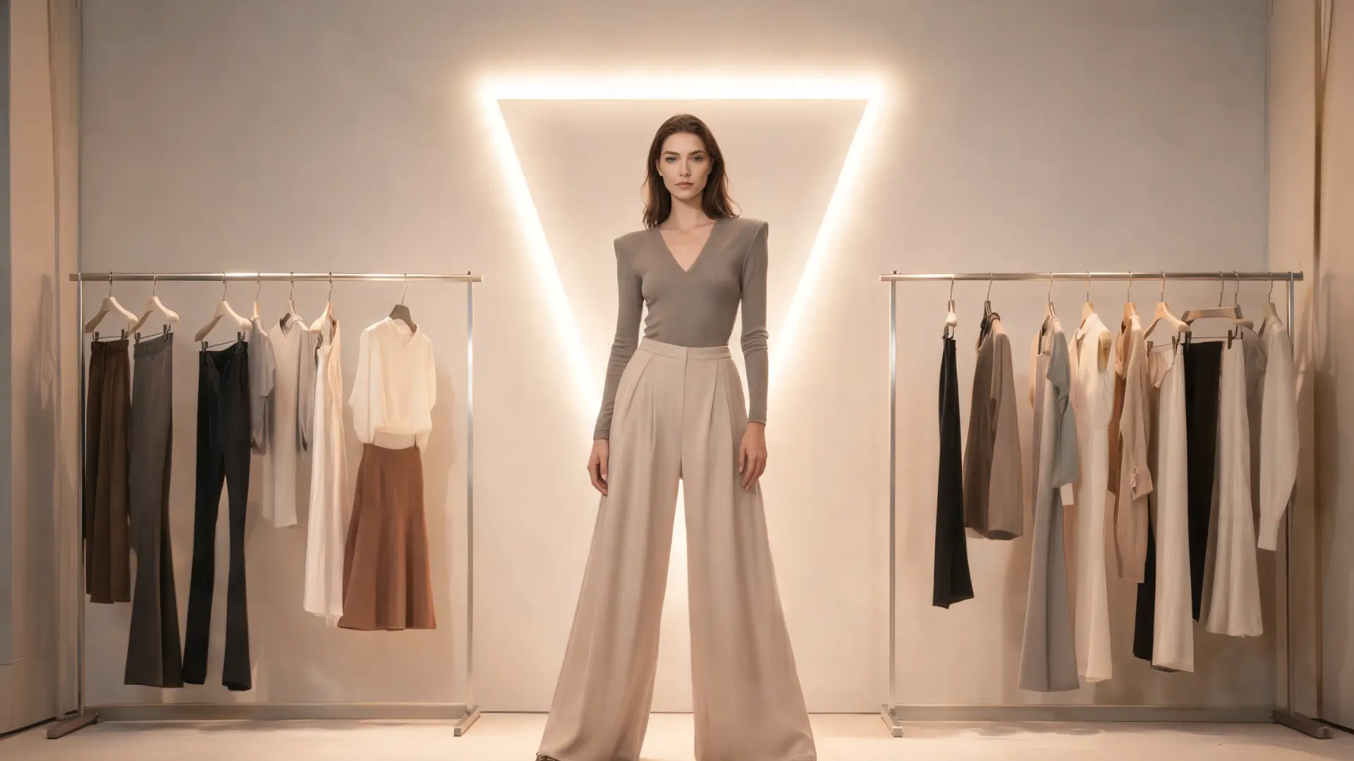 woman in fitted top and wide leg trousers with inverted triangle silhouette and soft glow emphasizing broader shoulders and narrower hips