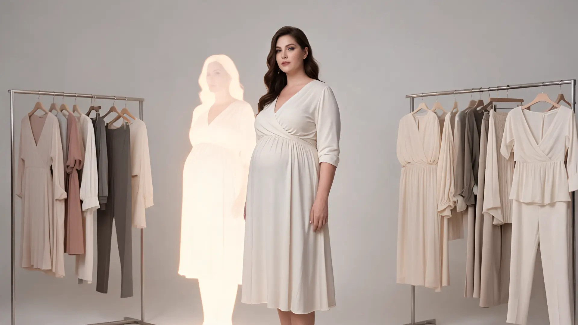 woman in flowy empire waist dress with oval body silhouette and soft glowing outline highlighting fuller midsection and elongated proportions