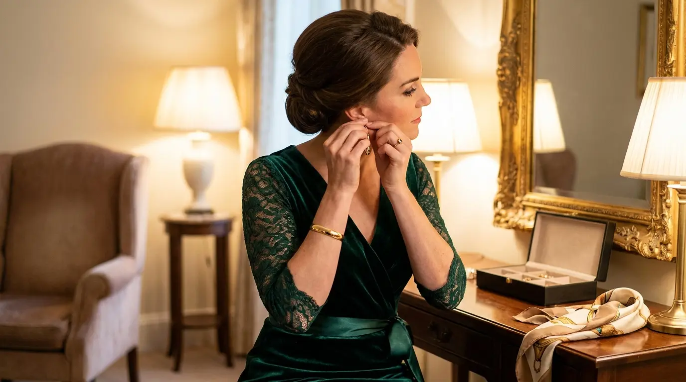 woman in formal evening outfit wearing gold drop earrings bracelet and ring indoors