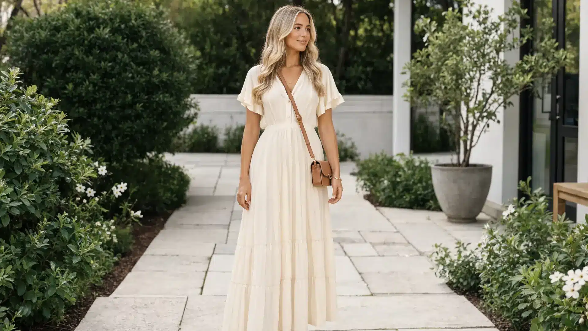 woman in ivory maxi dress standing in minimalist garden with soft daylight and natural greenery