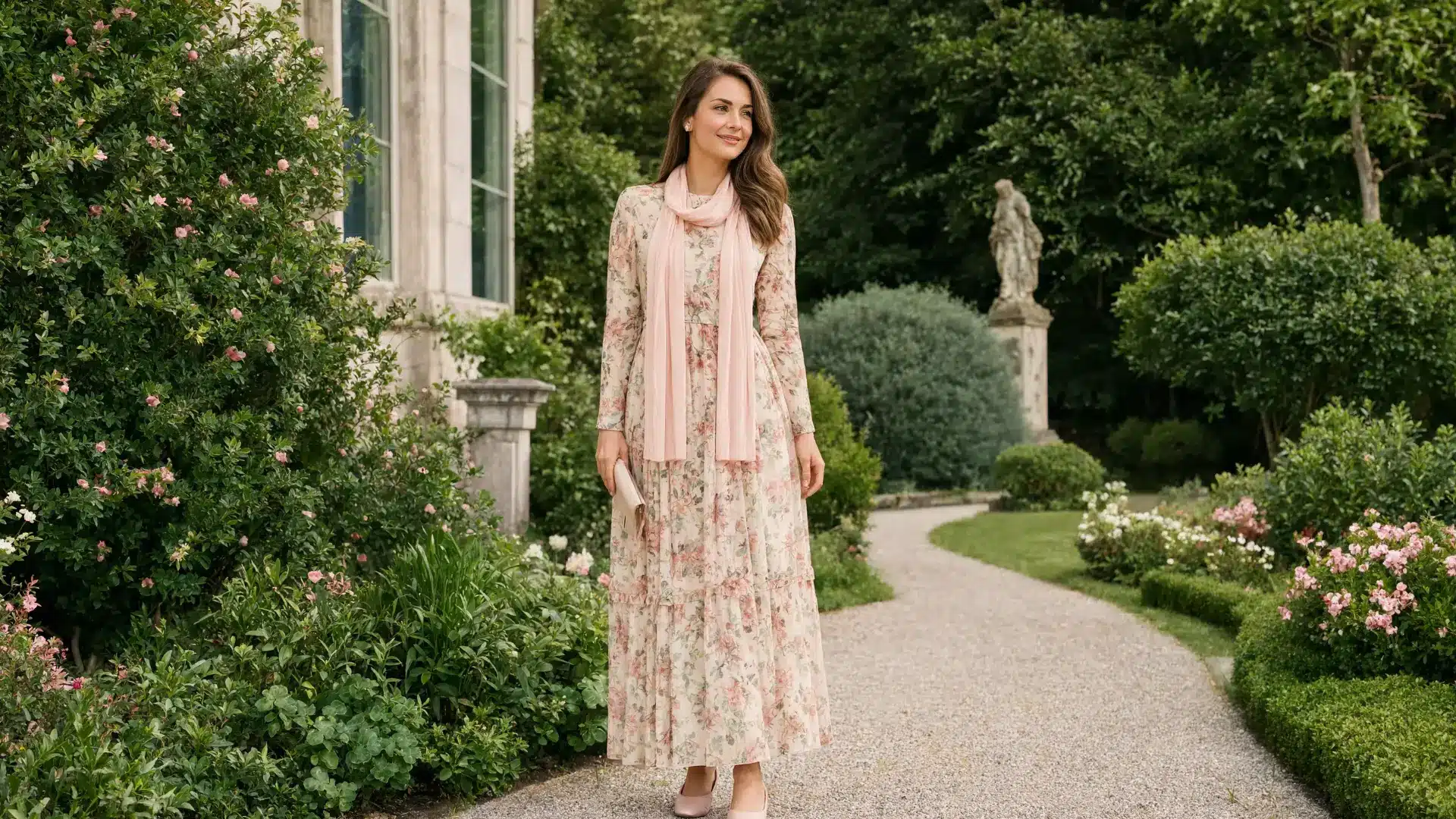 woman in long sleeve floral maxi dress standing in serene garden with soft natural pastel tones