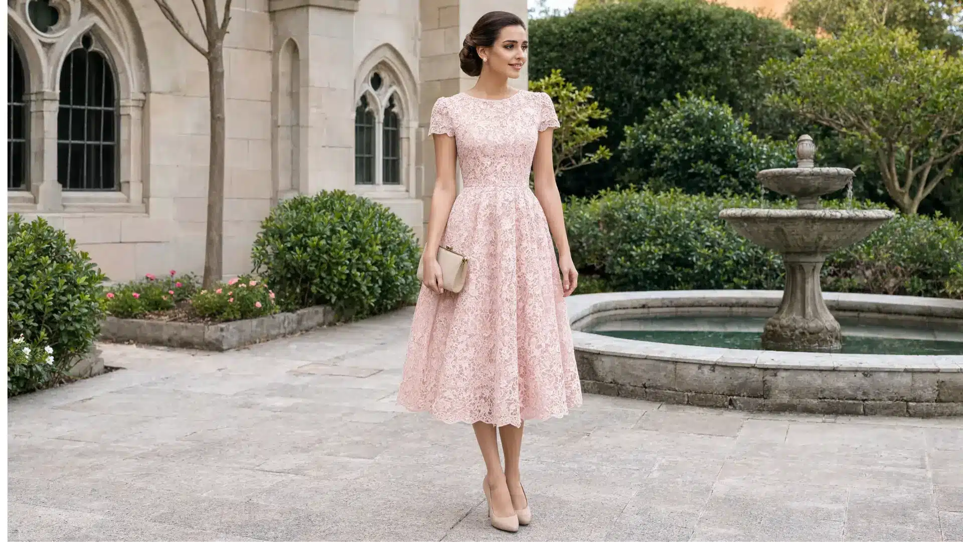woman in pastel lace A-line midi dress standing in courtyard garden with stone architecture
