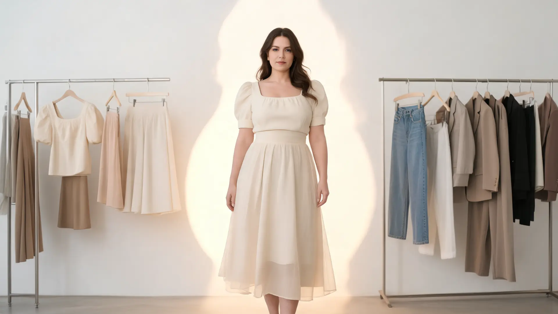 woman in puff sleeve top and flowy skirt with pear shaped silhouette and soft glowing outline emphasizing wider hips and narrow shoulders