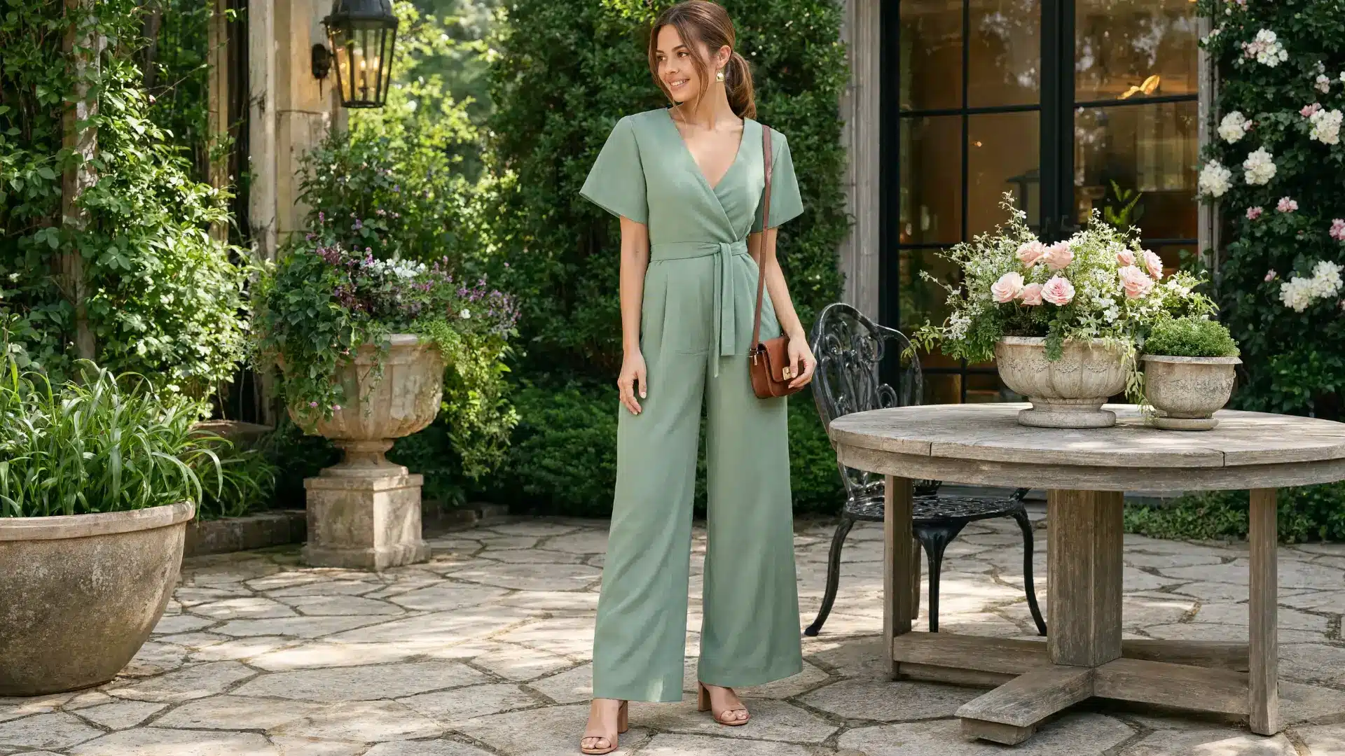 woman in sage green wide-leg jumpsuit posing in sunlit garden patio with floral surroundings