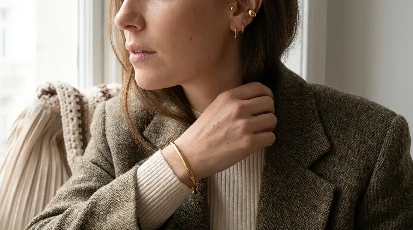 woman in textured outfit wearing smooth gold studs hoops and bracelet in soft natural light