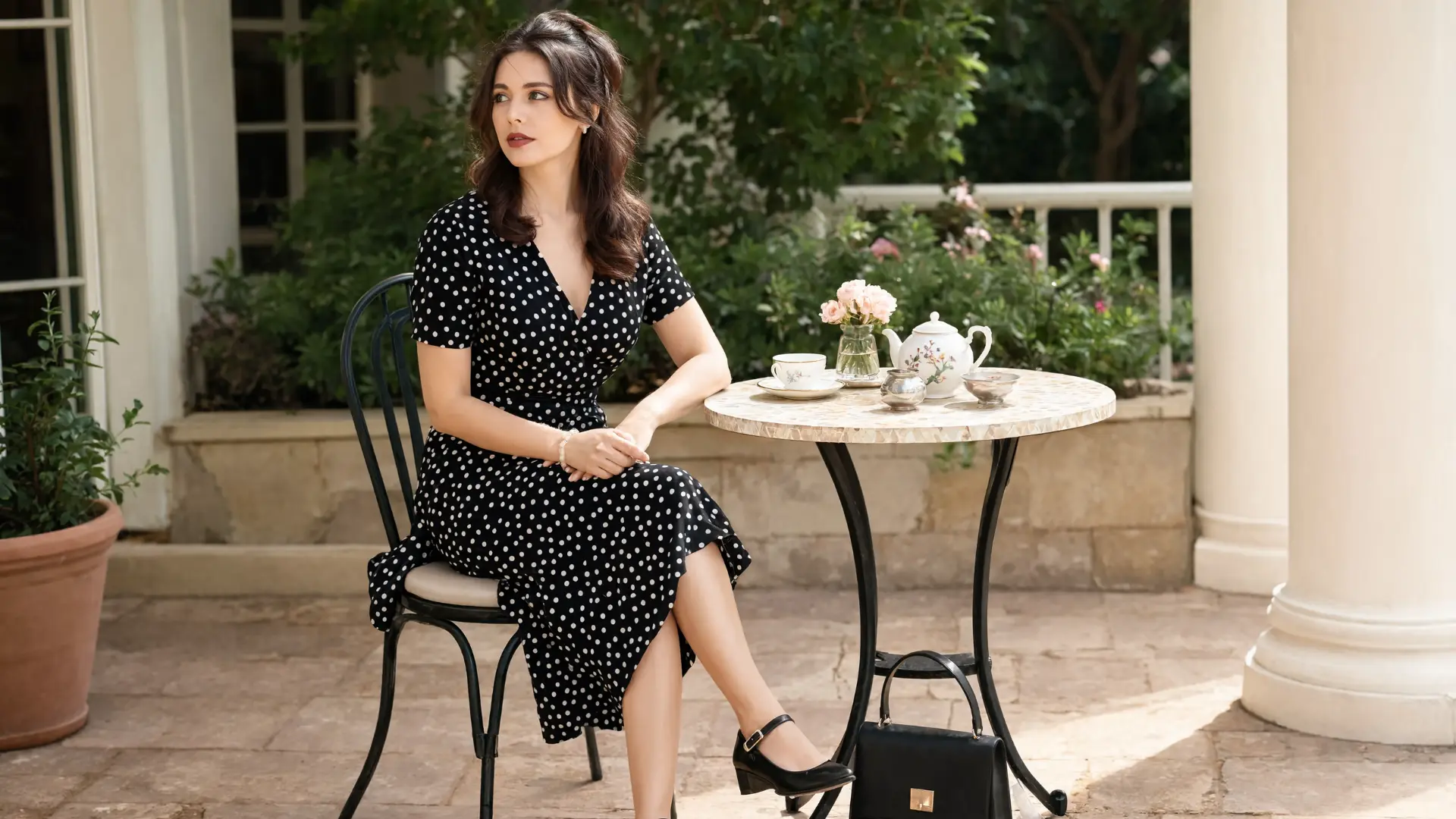 woman seated at outdoor tea table wearing black and white polka dot wrap dress with vintage charm