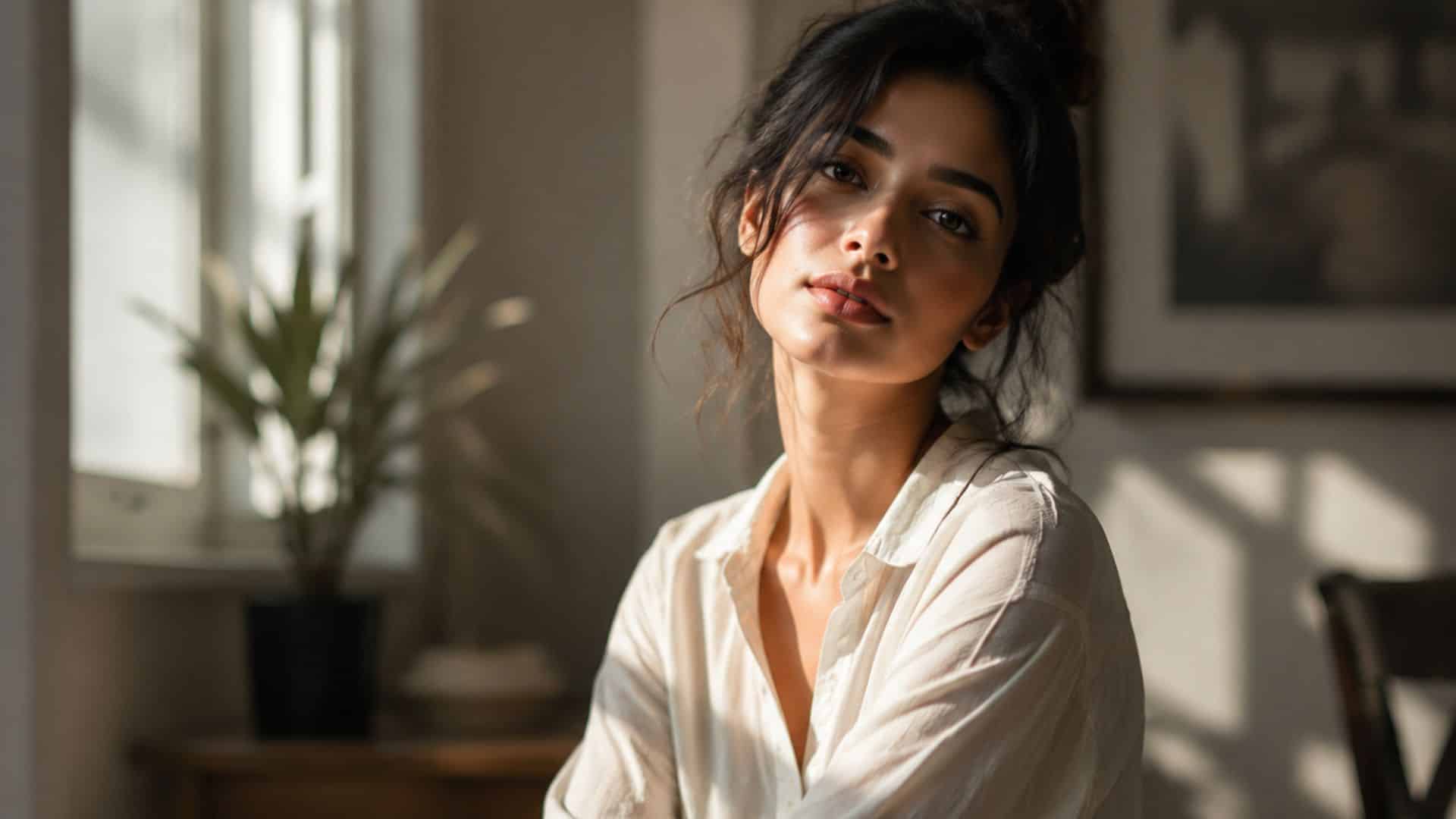 Woman seated by a window in soft natural light, posing for an indoor portrait