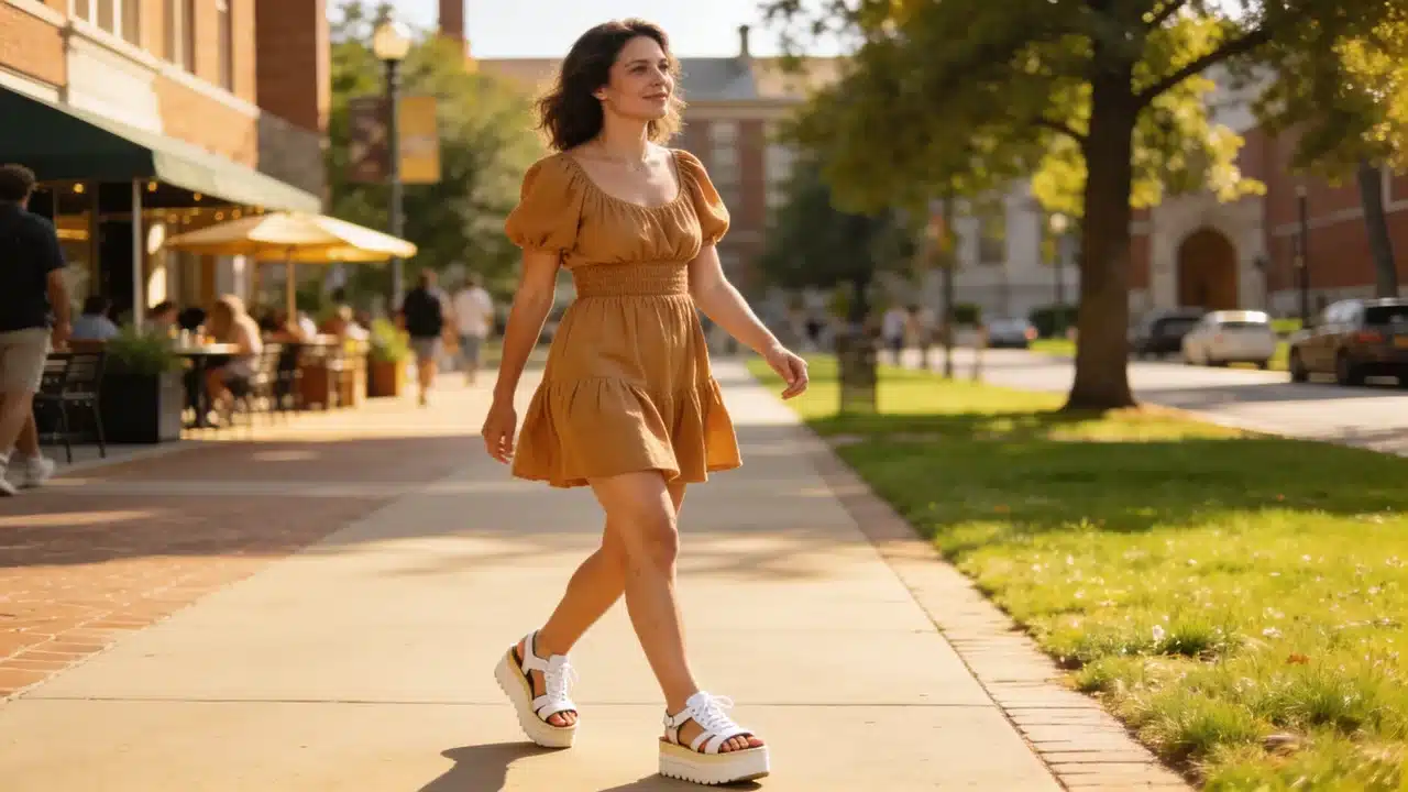 woman wearing a babydoll mini dress with sneakers
