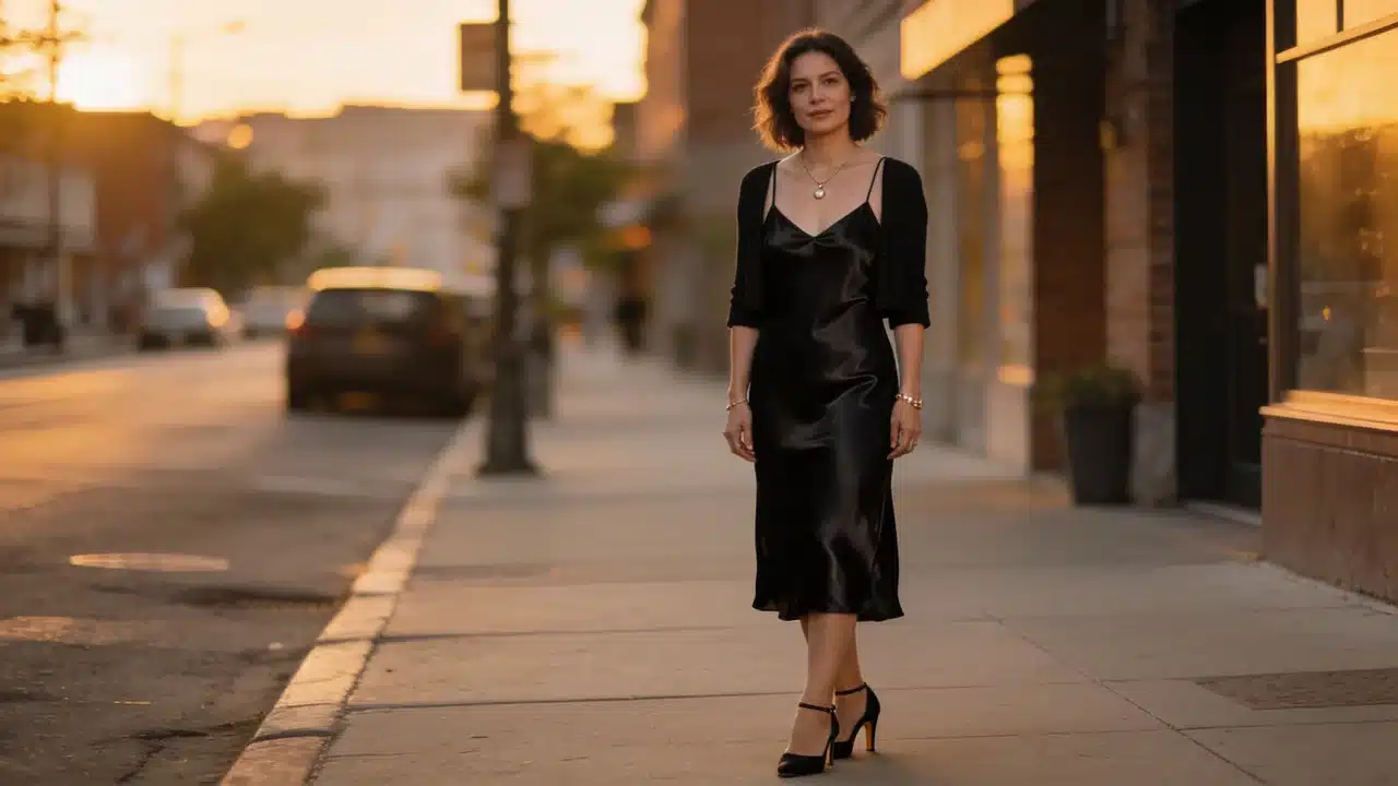 woman wearing a black slip dress with a cardigan