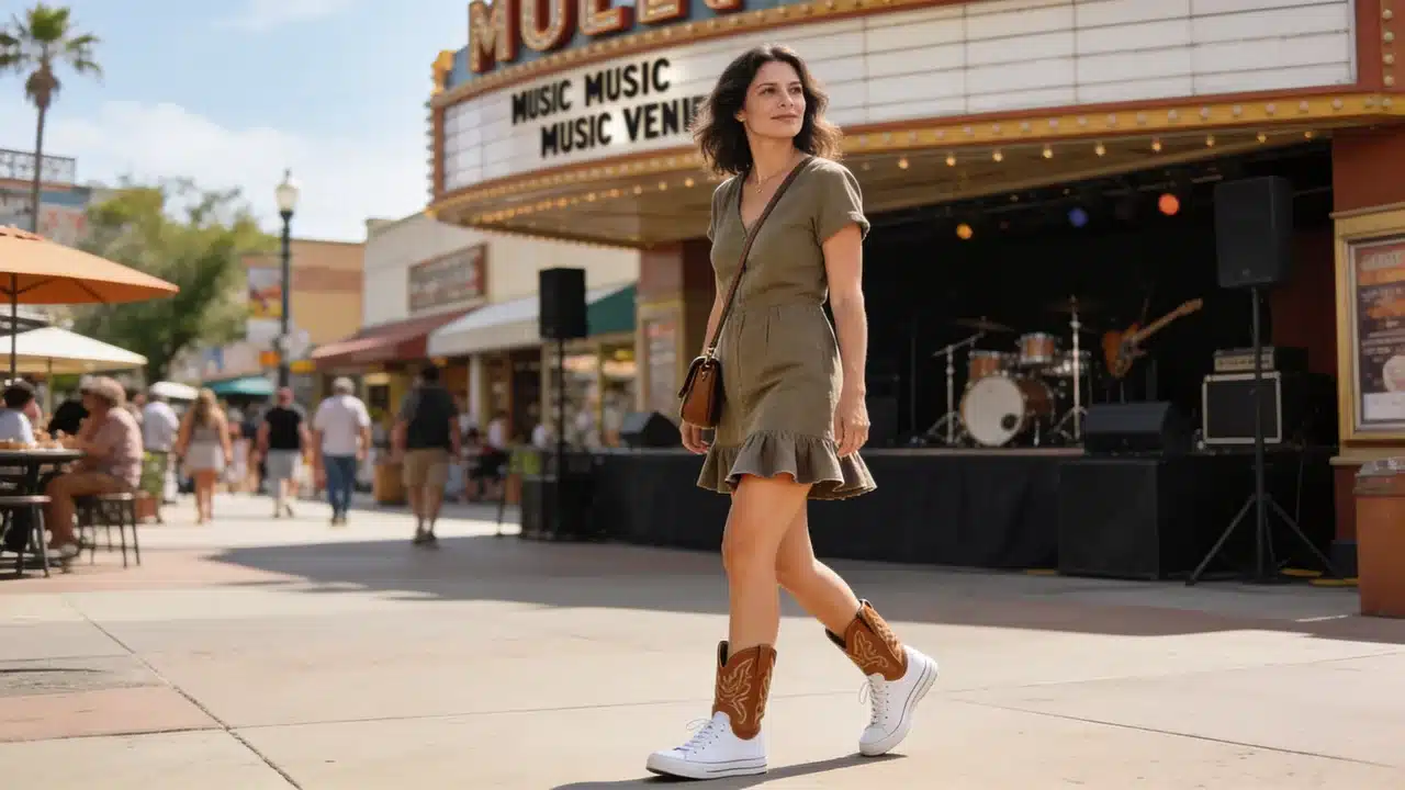 woman wearing a casual mini dress with cowboy boots