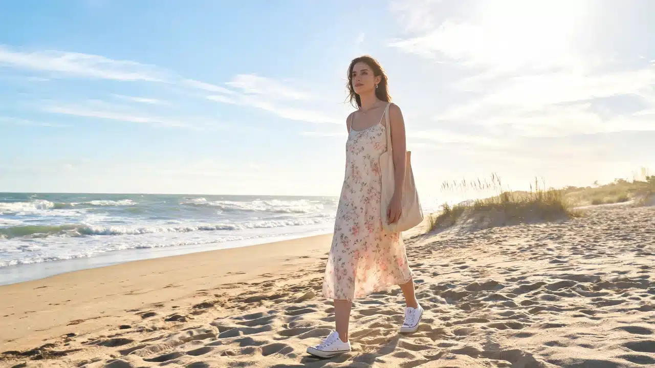 woman wearing a cotton sundress on beach