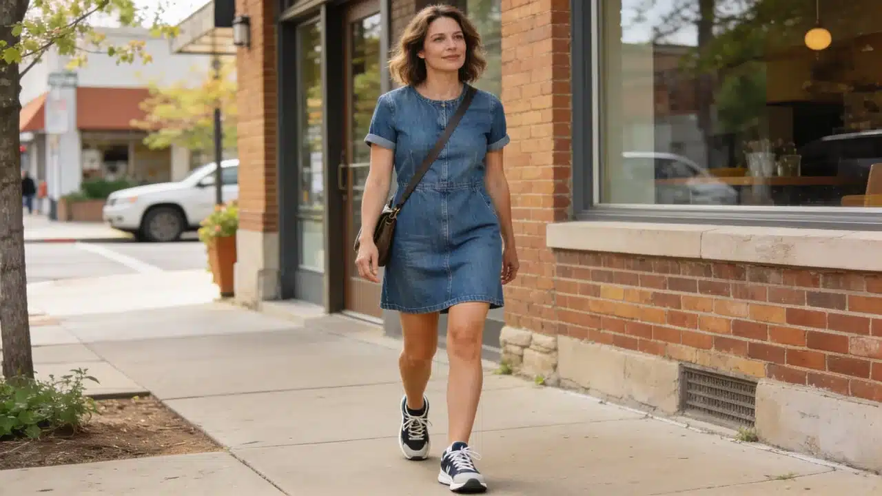 woman wearing a denim mini dress with sneakers