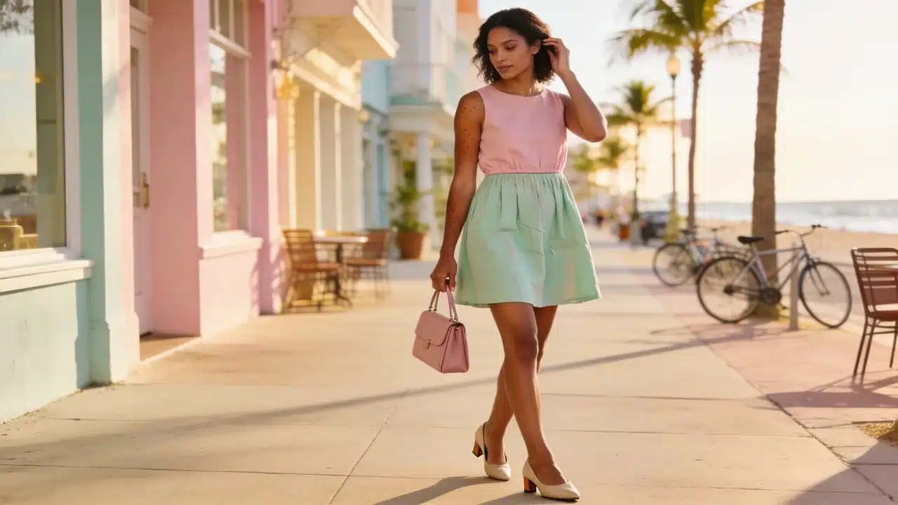 woman wearing a drop-waist mini dress with flats